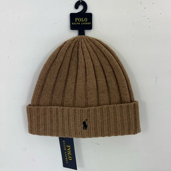 POLO RALPH LAUREN, LIGHT BROWN BEANIE, ONE SIZE FITS, 50% WOOL 50% NYLON, UNISEX - Picture 8 of 17